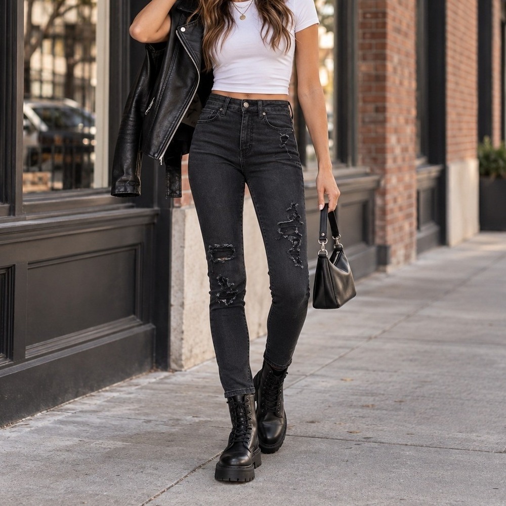 SO Womens 1/25W Super High Rise Black Distressed Skinny Jeggings Ripped Jeans